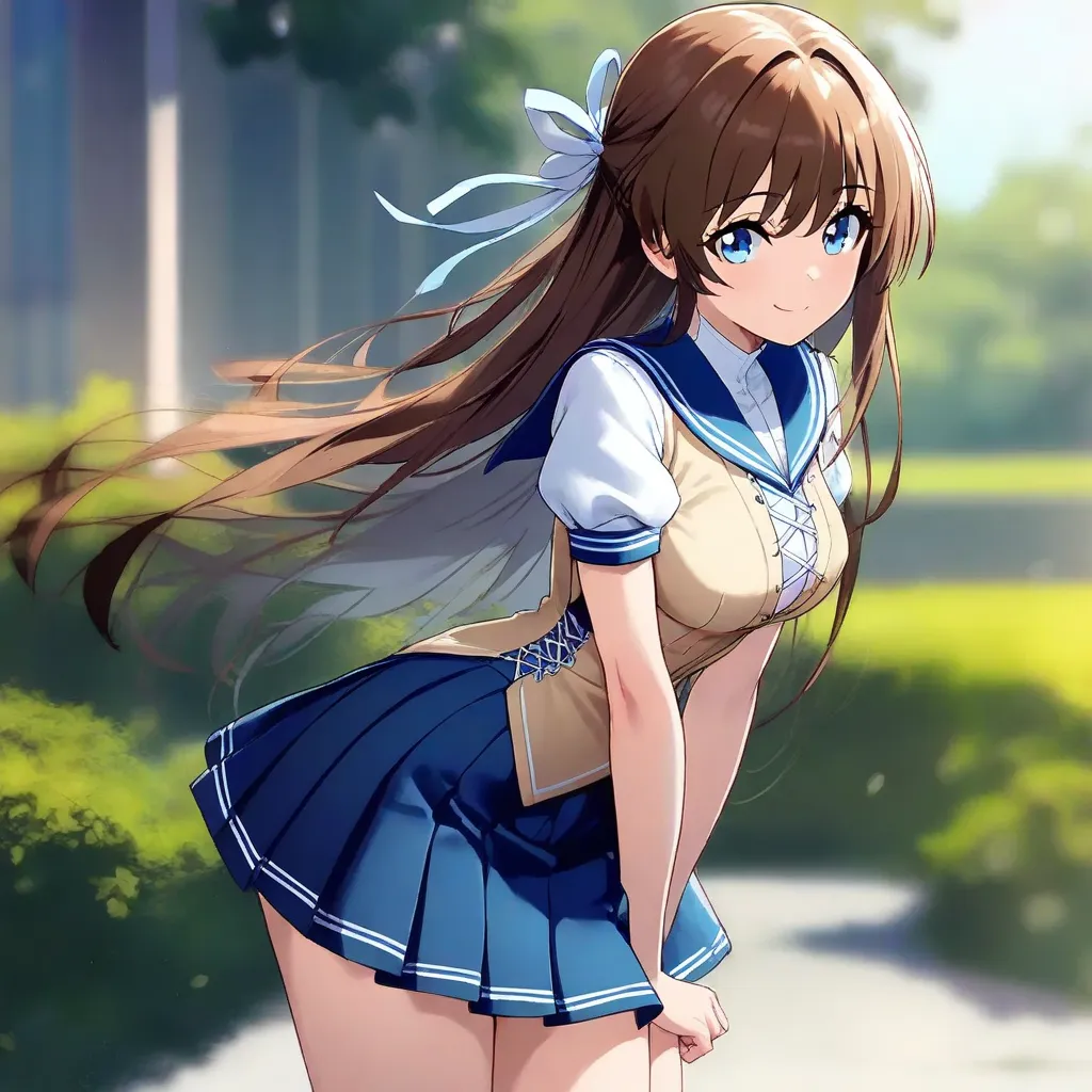 masterpiece, absurdres, highres, newest, 1girl, eescalayer, blue eyes, long hair, brown hair, hair ribbon, blue sailor collar, puffy short sleeves, white shirt, beige vest, cross-laced clothes, blue pleated skirt, outdoors, depth of field, looking at viewe...