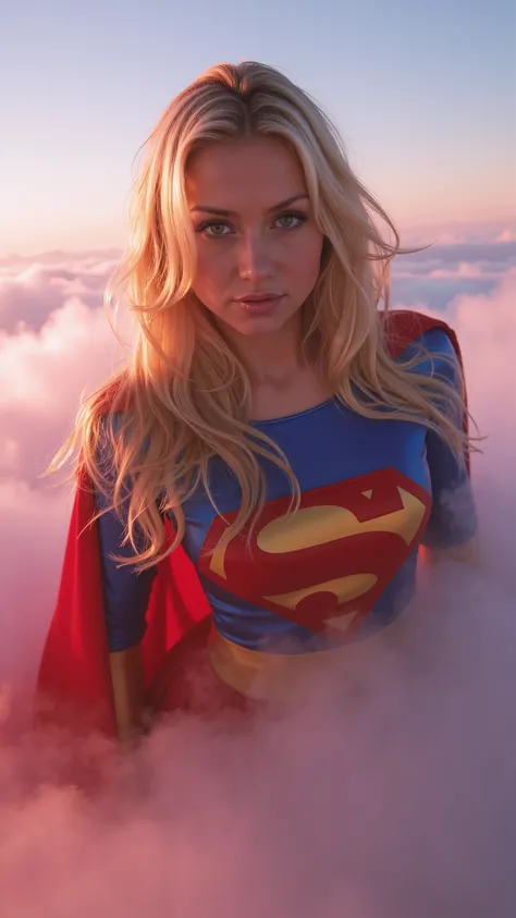 Close-up of an imposing figure, a young woman in a 1980s Supergirl costume ((20years old with large breasts; Supergirl 1980s costume; glued to the body; beautiful and elegant; huge breasts; blonde hair with some white strands))) and piercing gaze, floating...