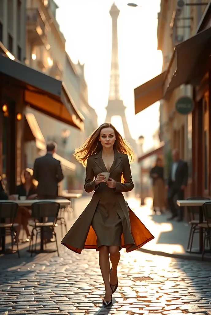 runs away from the mountain High quality,  8K Ultra HD,  full photorealism . girl in paris, inspired by the atmosphere of the city of love, walking along the cobbled streets. Made in the style of French Romantic Realism (French Romantic Realism): soft natu...