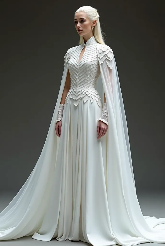 Robes de mariée blanches inspirées des robes que porte Daenerys dans la saison 8 de Game of Thrones
Avec col montant sur la gorge et inspiration écailles, et une cape