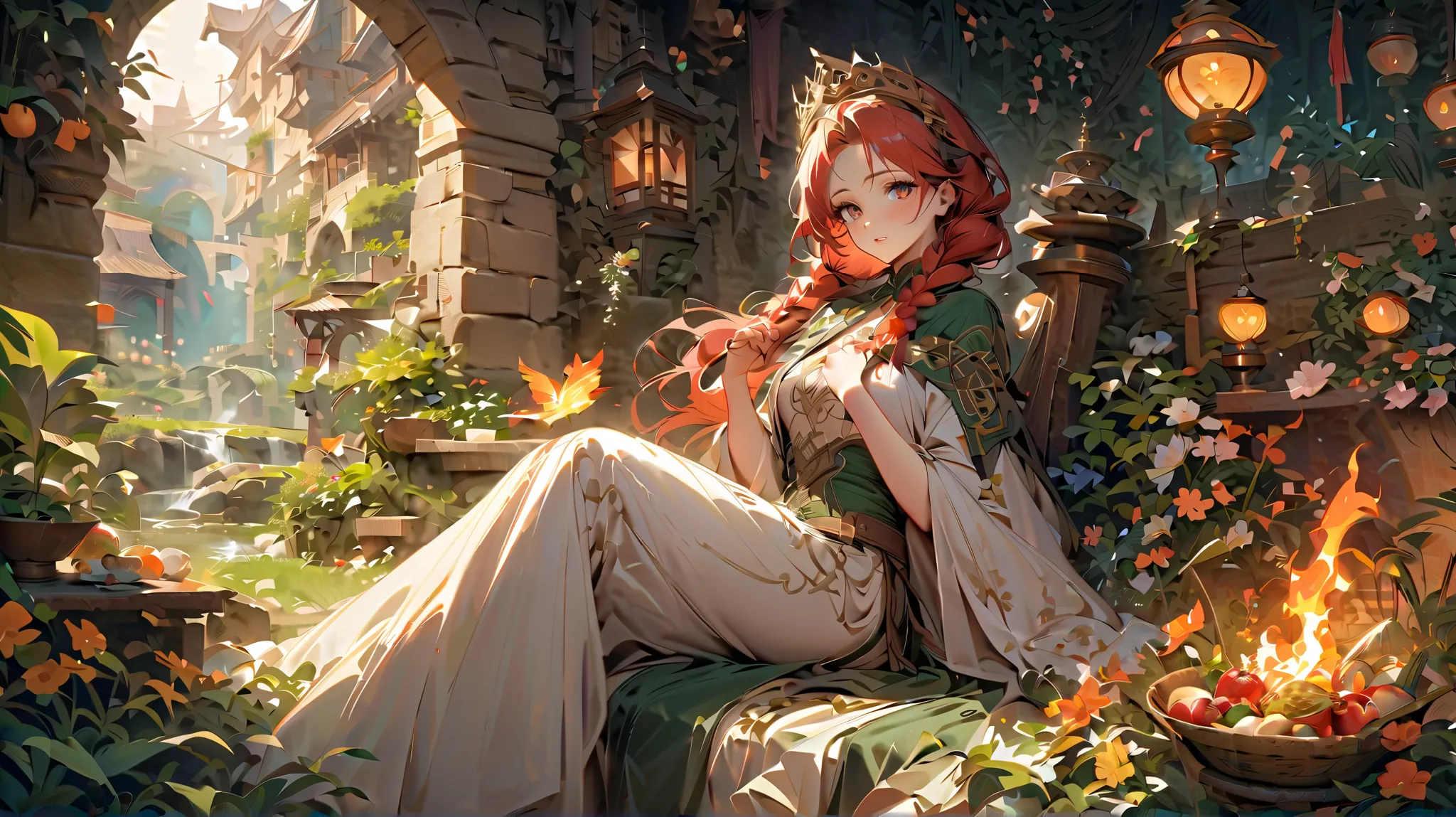 Appearance: A young woman with red hair, braided in complex braids with woven gold threads and flowers. Her skin glows with a warm honey hue, her eyes are bright green, like spring leaves.

Clothing: A long dress of white and green fabric, decorated with e...