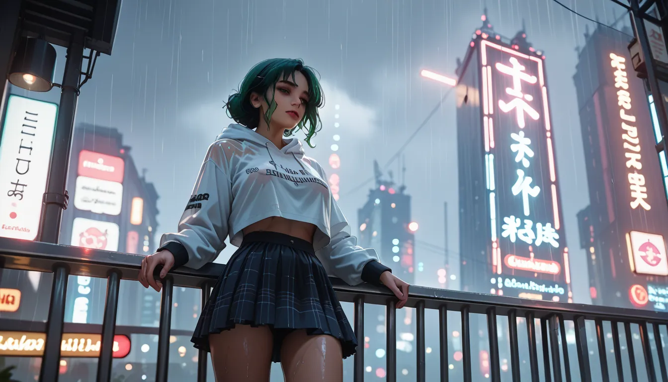 "A reflective woman standing on a glass balcony during twilight, wearing a lightweight skirt and a cropped hoodie. Her ombre green hair shimmers faintly under the dim, rainy sky. She gazes at the city below, where blurred neon lights and wet streets create...