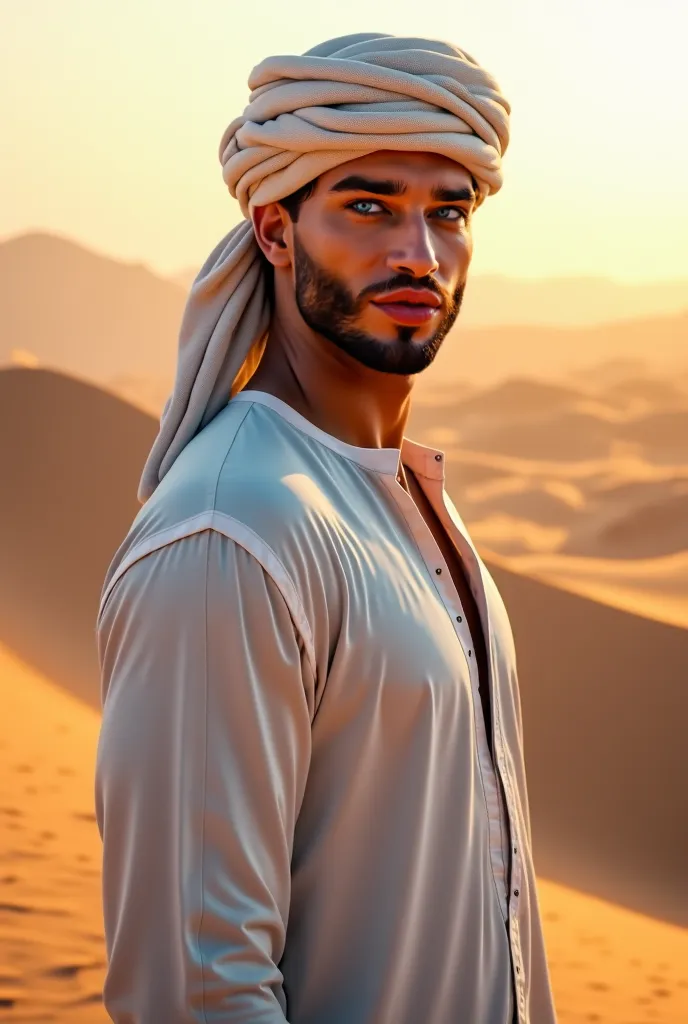 A handsome man with black hair, blue eyes. An Arab turban, white linen shirt,  muscular, Background of a desert smile subtly