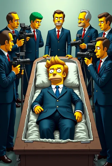 Emmanuel Macron Simpson est filmé pas des caméraman et un homme qui ressemble à Homer Simpson avec les cheuveux vert et en voit Emmanuel Macron Simpson dans un cercueil ouvert 