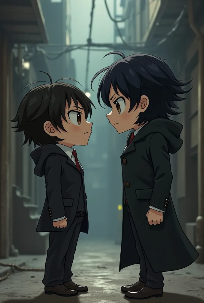 Dazai and Fyodor looking at each other  between chibi and not anime style 