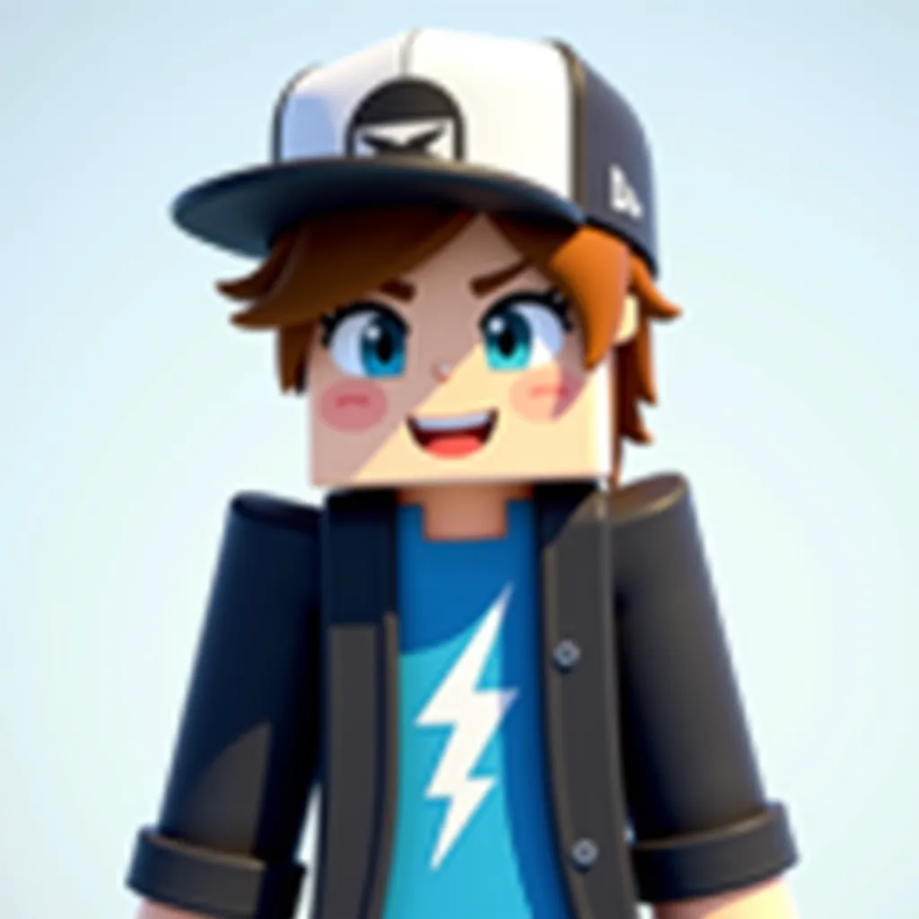 A high-quality 3D-rendered Minecraft-style character with a pixelated blocky aesthetic. The character has brown hair, wears a white and black cap, and a blue shirt with a lightning bolt design. A black jacket adds a cool look. The character has expressive ...