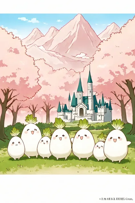 masterpiece、highest quality、I am a daikon Princes\(Japanese white radish character with pink leaves\),many little daikon\(litle Japanese white radish charactder with green leaves\),cute kawaii village, castle made of Japanese rice,8k