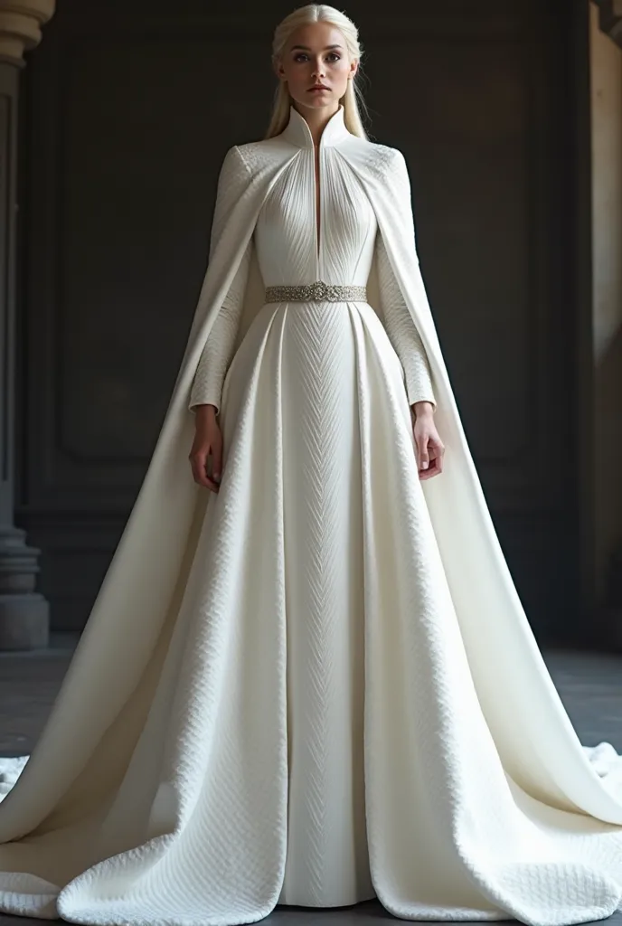 white wedding dresses inspired by the dresses Daenerys wears in Game of Thrones season 8
With high neck on the throat and scaly inspiration, and a cape, waffle skirt fabric