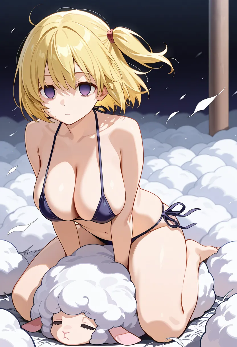 Sheep and pile of wool felt ,, waiting for someone ,Wind, , large breasts,  yellow hair, one side up, side ponytail, short hair, purple eyes, empty eyes, Micro Bikini, full body