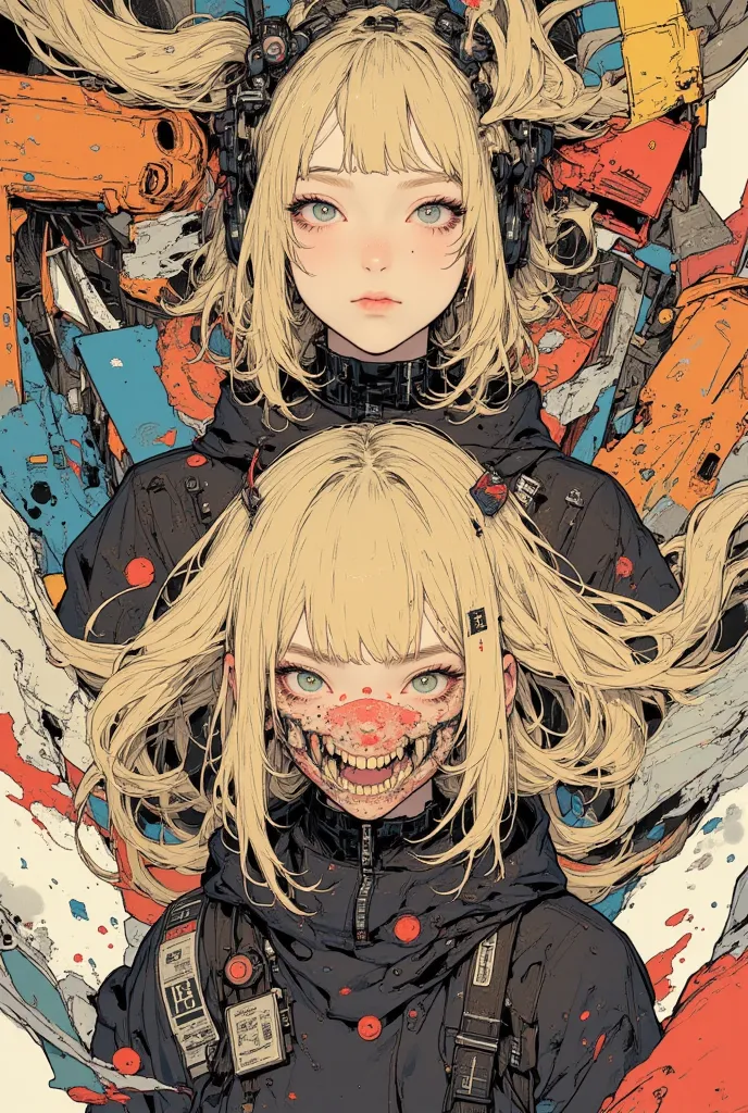  Anime Characters Drawn on Randomly Colored Backgrounds ,  blonde twin tail  ,teeth,Yaere teeth,  steel ball run  ,    anime cover   ,   Beautifully Detailed Animated Art ,   anime atmosphere  ,   Detailed Anime Artwork  ,   ultra-detailed illustration  , ...