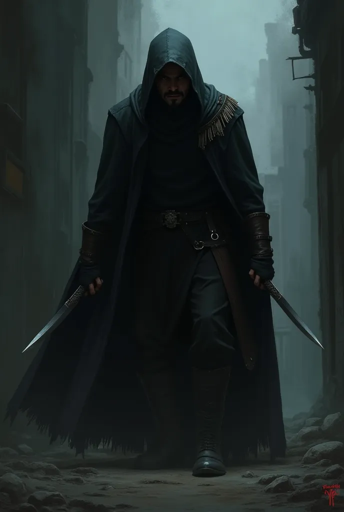 a black-haired, hunched man an assain with a slight mustache holding two daggers and wearing a black cloak