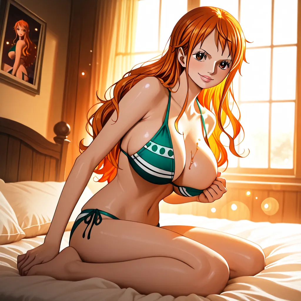 nami from one piece,bikini,in room,on bed,detailed facial features,striking pose, huge breasts,seductive expression,flowing hair,soft body,flawless skin, little shy,bold pose,full body, smile of joy, seduce, side angle, touching one breast, sitting on bed,...