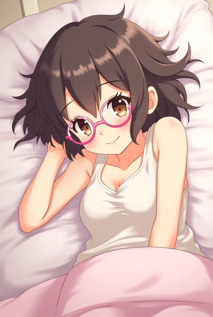 Anime-style illustration of a young girl lying on a bed, looking happy and relaxed. She has dark brownish-black hair, slightly wavy, with a hint of brown, and brown eyes. She wears cute pink glasses. Her clothing is casual, consisting of a light tank top a...