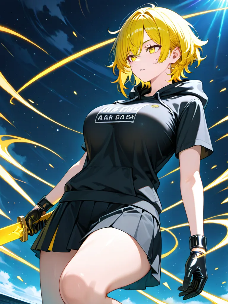 Best quality, one girl, little short hair, shoulder length short hair, dark yellow hair, messy hair, yellow eye, Black shirt uniform, short skirt, holding the sword with both hands, looking ahead, black cuff on both hands, black glove, large breast, adult ...