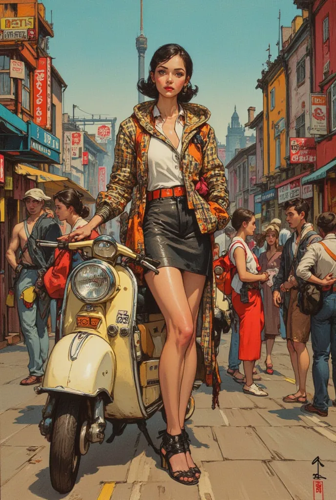   pictures inspired by Kubrick movies ,  modded woman's photo ,  standing with confidence ,  working class young people in late 1950s England,  slim button-down shirt ( check pattern ), miniskirt,  classic M-51 mod coat （Hooded）, loafers,High Contrast Illu...