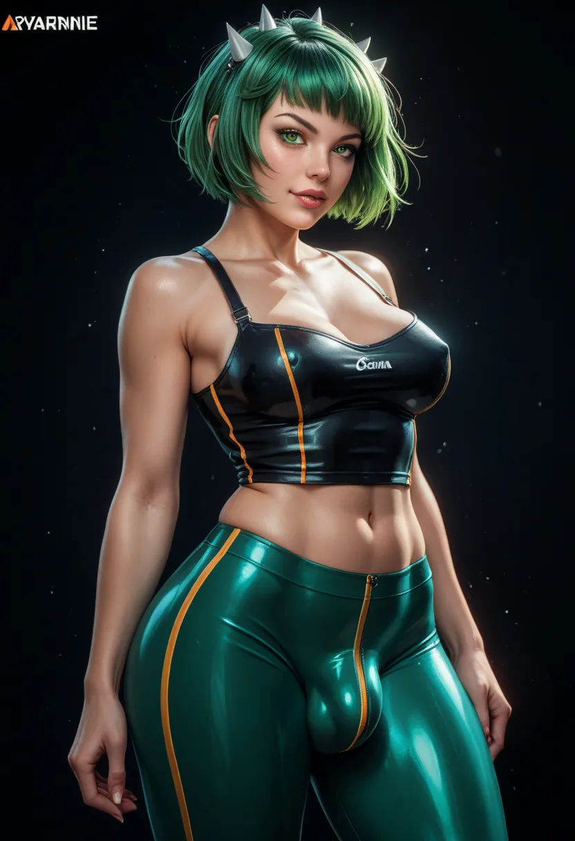 Detailed eyes:1.5, Cowboy shot:1.8, portrait:1.3, score_8_up, score_7_up, score_6_up, concept art, digital art, hyperrealistic, 8k, best quality, high quality, 1futa Garnie, (short bob hair, hair spikes, seafoam green hair),(medium breasts)), (plump breast...