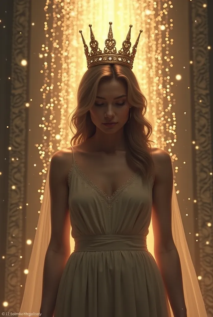 an image of a woman being crowned, a beautiful crown, Her with her head down and receiving the crown, Behind her, a shimmering image, many lights: And written on the cover "Women Who Reign"