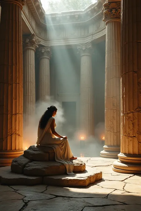 An imposing Greek temple room, with tall columns and torches illuminating the cracked marble. The oracle, dressed in flowing tunics, sits on a sacred stone, shrouded in mist. Her white eyes in a trance reveal the prophecy to Perseus, that you hear kneeling...