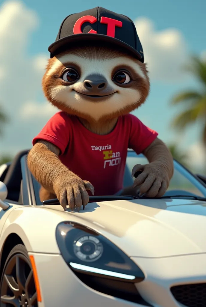 Animated sloth wearing a black cap with the red letters C T in the center and a bright red t-shirt on one side of the shirt, say Taquria Ian, mounted on a white Eclipse Spyder car without a roof 