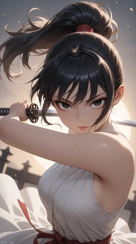 masterpiece, best quality, good quality, very aesthetic, absurdres, newest, 8K, depth of field, focused subject, half body, dynamic angle, action shot, 1anime woman, black ponytail, long white dress, looking at viewer, blind eyes, the anime woman is very s...