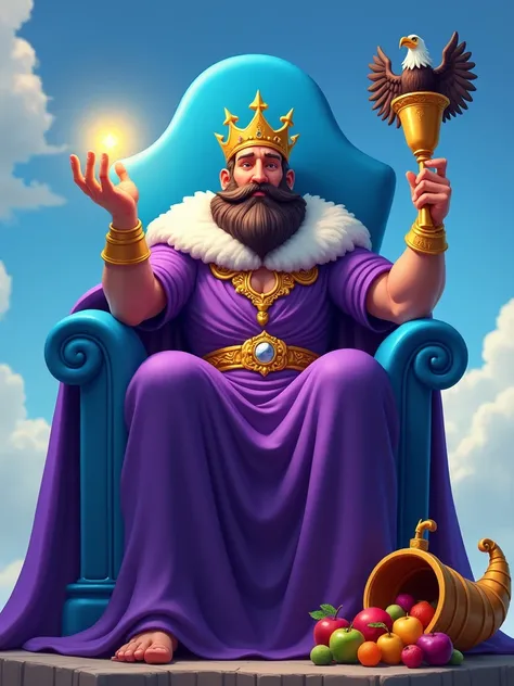 "A majestic bearded king wearing a purple crown and robe seated on a blue throne under a clear blue sky. Holds a golden scepter topped with an eagle in one hand and a golden chalice with light emanating from him in the other.
A golden cornucopia brimming w...