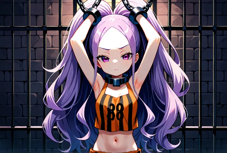 1 part-time girl ,  long hair, PURPLE HAIR, purple eyes,  double ponytail, Forehead ,high quality , very beautiful , high resolution , Latest,  prison , shackles, Prison uniform, Navel, Armpits