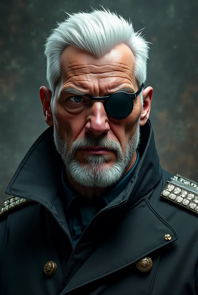 I have to make a leader of a hidden military faction, The man must be realistic, Today's ,  impressive, with an eye patch and white hairstyle and beard
