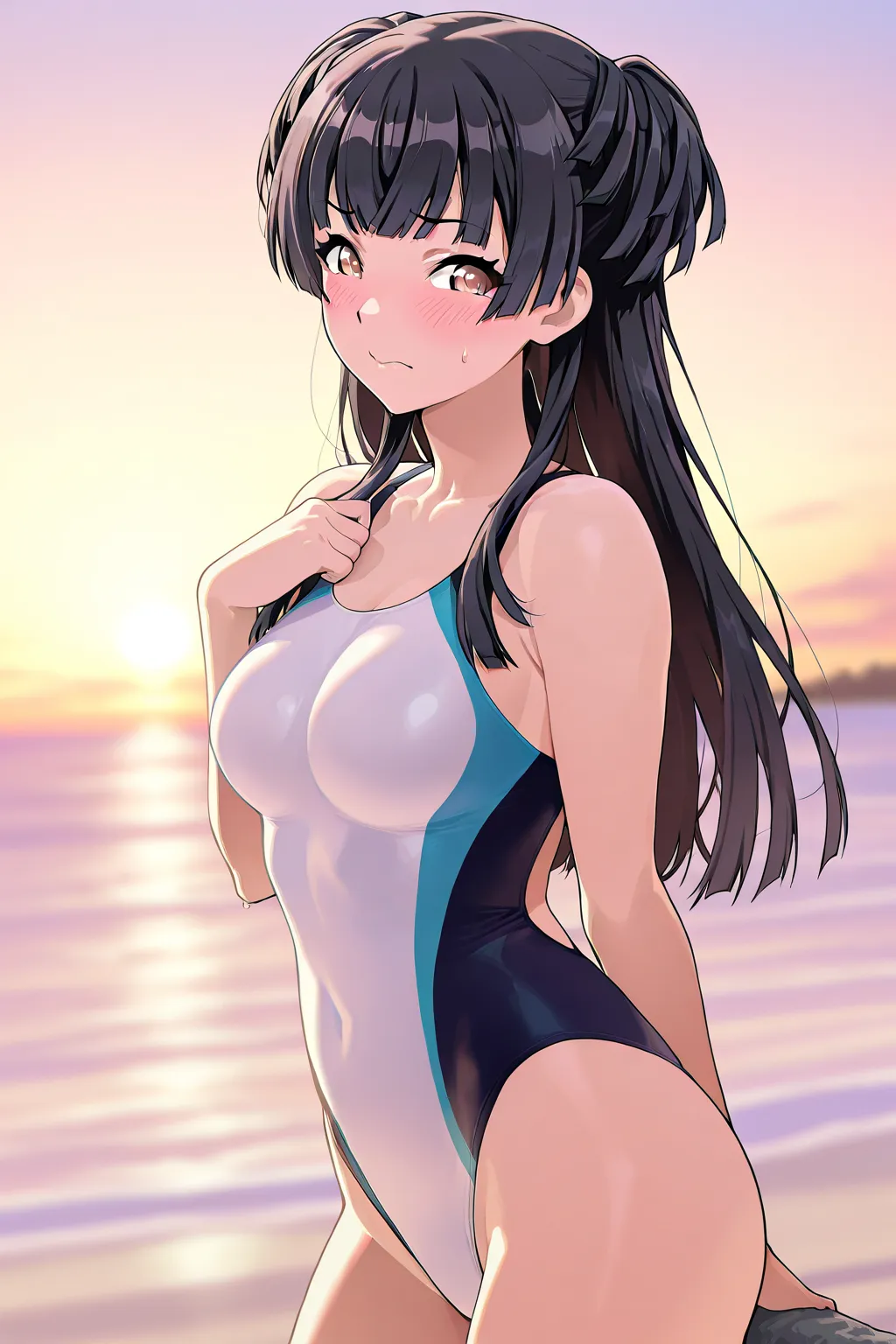 {{ masterpiece}}, {{{ perfect quality }}}, {{1 girl}}, anime screen cap ,{{ competitive swimsuit}}, bangs ,longhair, {official style},highest quality, great quality, so beautiful,  is ridiculous ,{{ outdoor}},  {{blush}},Mayuzumi Fuyuko