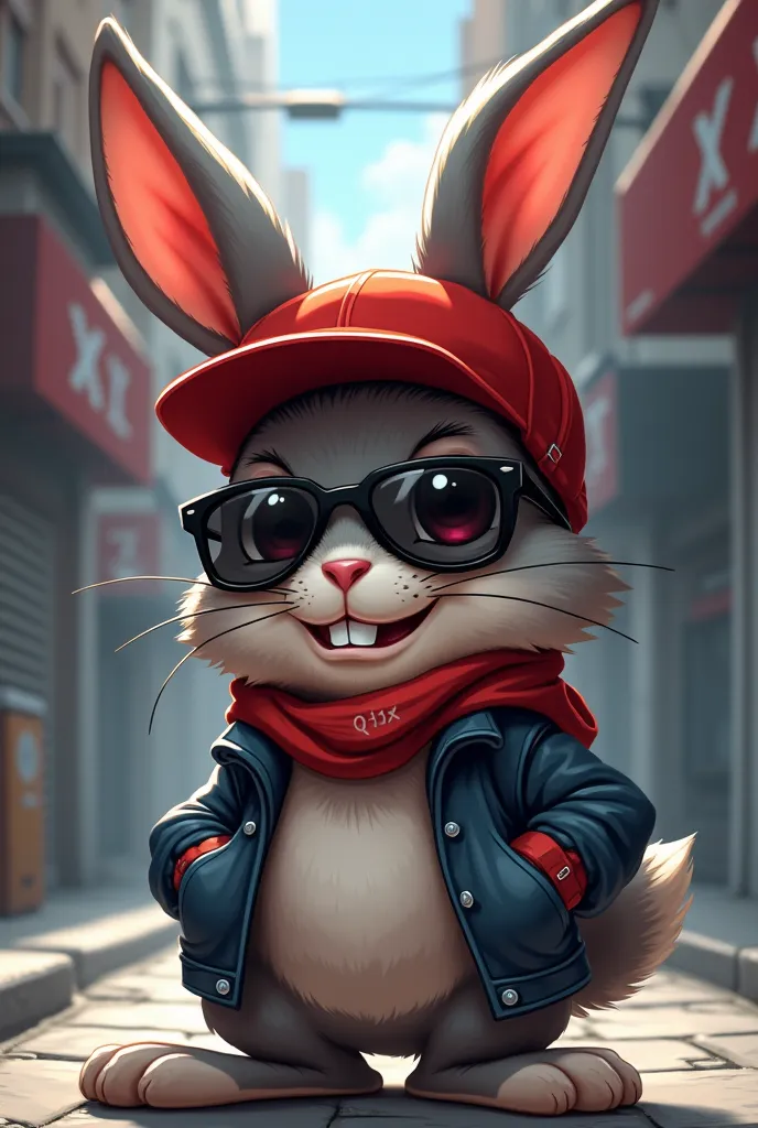 sex, A beautiful GRAY RABBIT, cartoon, StreetWear,  gangster, cool, Coelho Sacana, Bem Arteiro, wears dark glasses, red style hat on the head, ele é Cartoon e  gangster, It will be a 