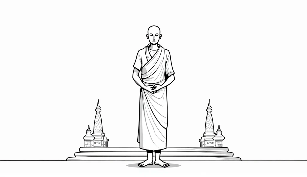 The monk is standing near the temple entrance, his hands clasped behind his back, he observes with a disapproving frown, colour book style,black and white,clear outline,masterpiece,