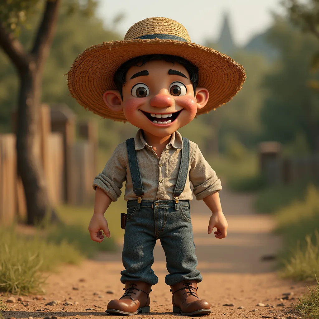 full body, ultra-realistic and high quality, very funny 8k image of a country man with a very funny face, mazzaropi style, he is standing, he is a joke teller, he is wearing a big straw hat, make people just by looking at him already smile, make it a very ...