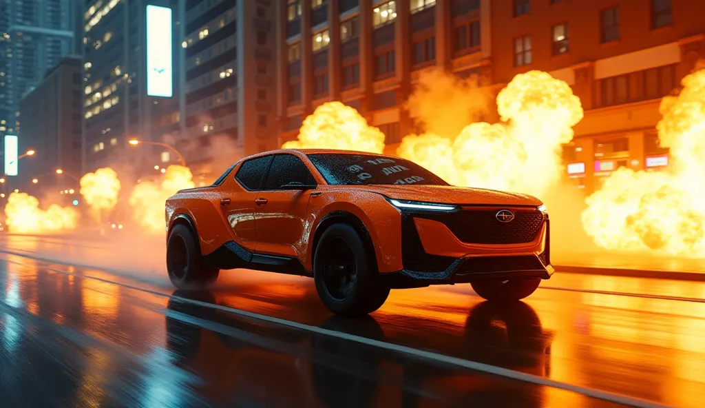 
"A futuristic orange pickup 4x4(Subaru outback),with sharp, aggressive lines and a low aerodynamic body, resembling a high-performance Cadillac concept. The car is speeding through a wet city street at night, with dramatic explosions in the background, il...