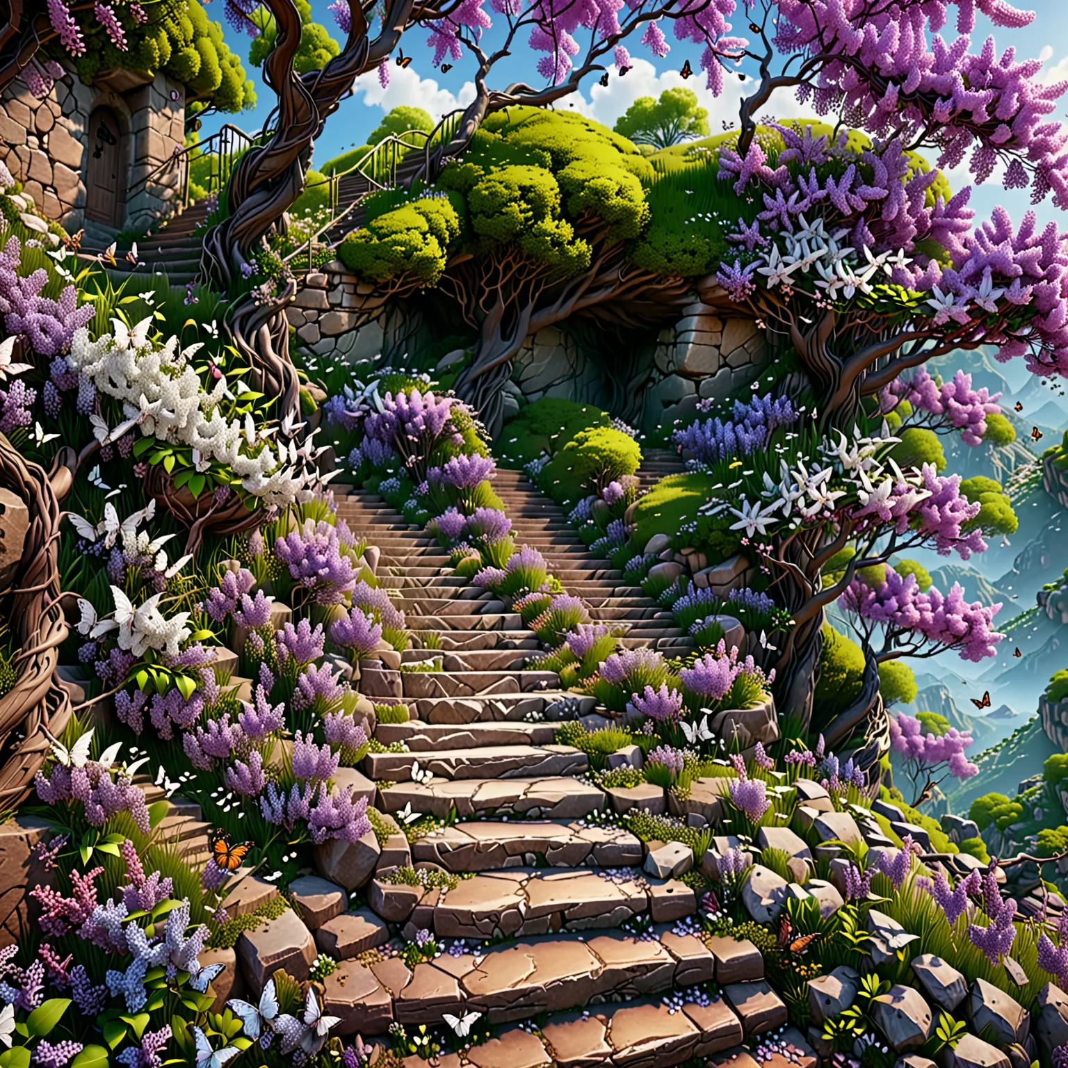 masterpiece, best quality, extremely detailed 8k unity CG wallpaper, endless stairs up the mountain, beautiful detailed steps, two rows of lilac trees in full bloom, climbing flowers wrapped around the tree roots, clear scenery, exquisite details, cinemati...