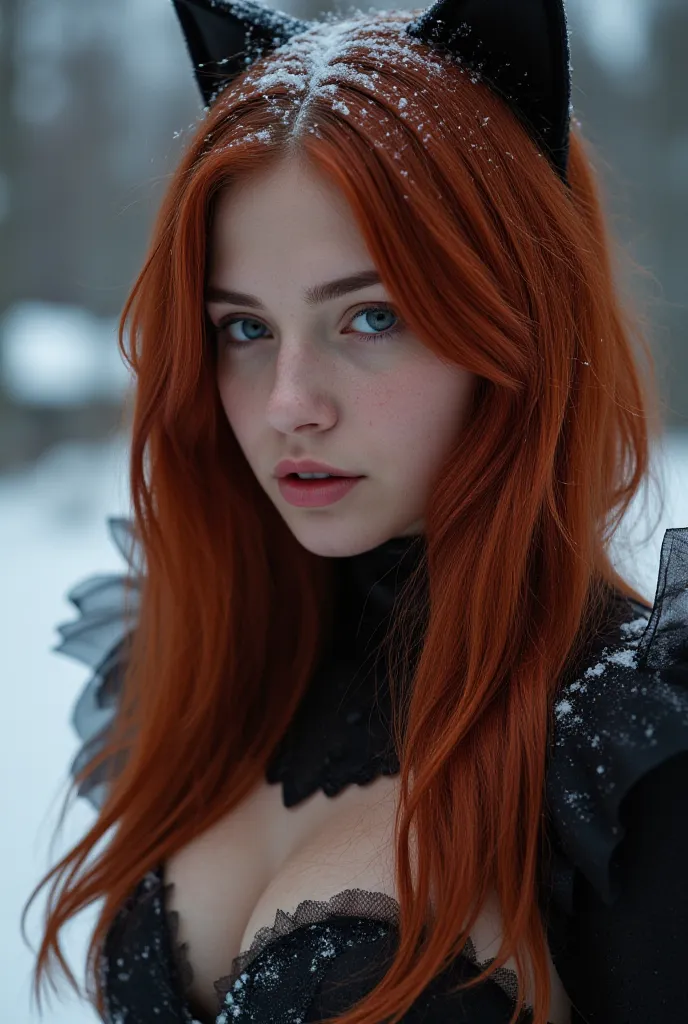 2D, Art Photography, Professional photography, photo of (a red-haired girl with freckles and Nordic skin, In Seductive Catwoman costume in the snow photography background:2) At the party, (Characteristics art Photography: High detail skin, High detail clot...