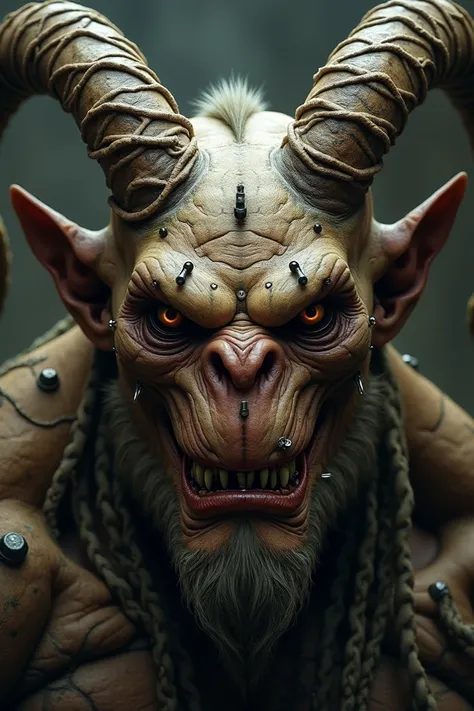 Head of an ogre with stitched eyes, face with many piercings and goat horns
