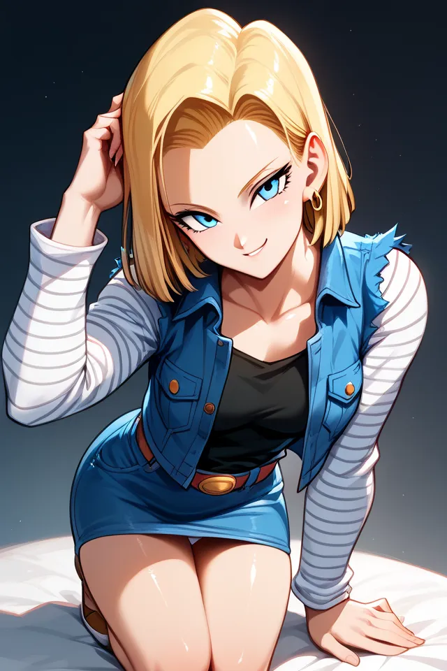 score_9, score_8_up, score_8, medium breasts, (curvy), cute, eyelashes,      ,,,  zzAndroid18, blue eyes, blonde hair, short hair, jacket, denim, denim jacket, jewelry, earrings, long sleeves, shirt, skirt, belt, stripes, 
(leaning forward, head tilt), blu...