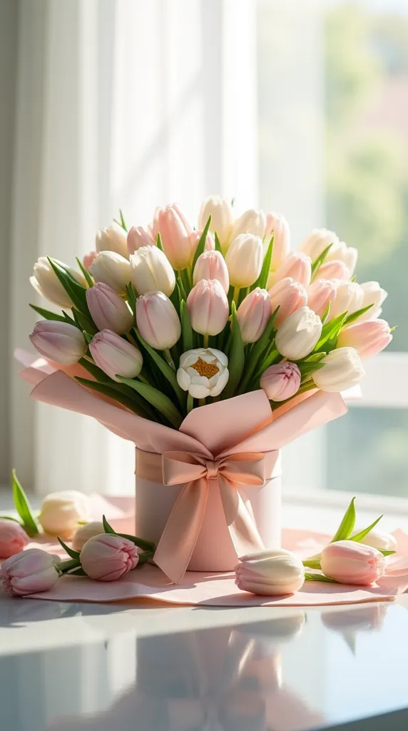 Large gift with satin bow,A very large bouquet of white and pink tulips, many tulips in beautiful white matte thin paper lie on a glossy surface,  of a The background is light, blurred, clean background... the bouquet is very large and lies on the surface ...