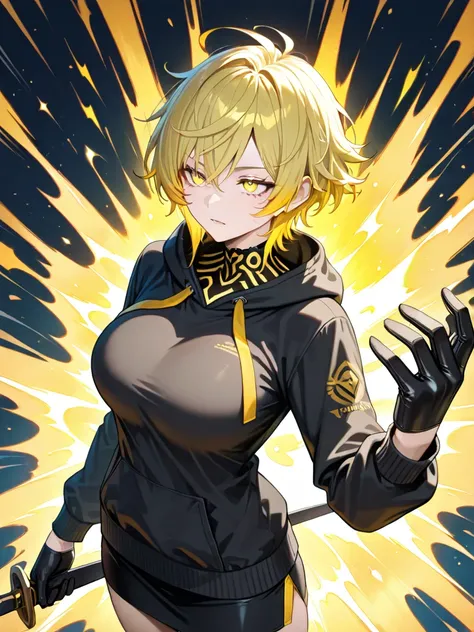 Best quality, one girl, little short hair, shoulder length short hair, dark yellow hair, messy hair, yellow eye, short skirt, holding the sword with both hands, looking ahead, black cuff on both hands, black glove, large breast, adult female, black neck ho...