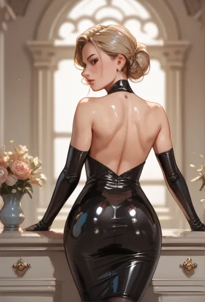 latex dress, medium ass, glued,looking at the viewer, Back view,  upturned ass.