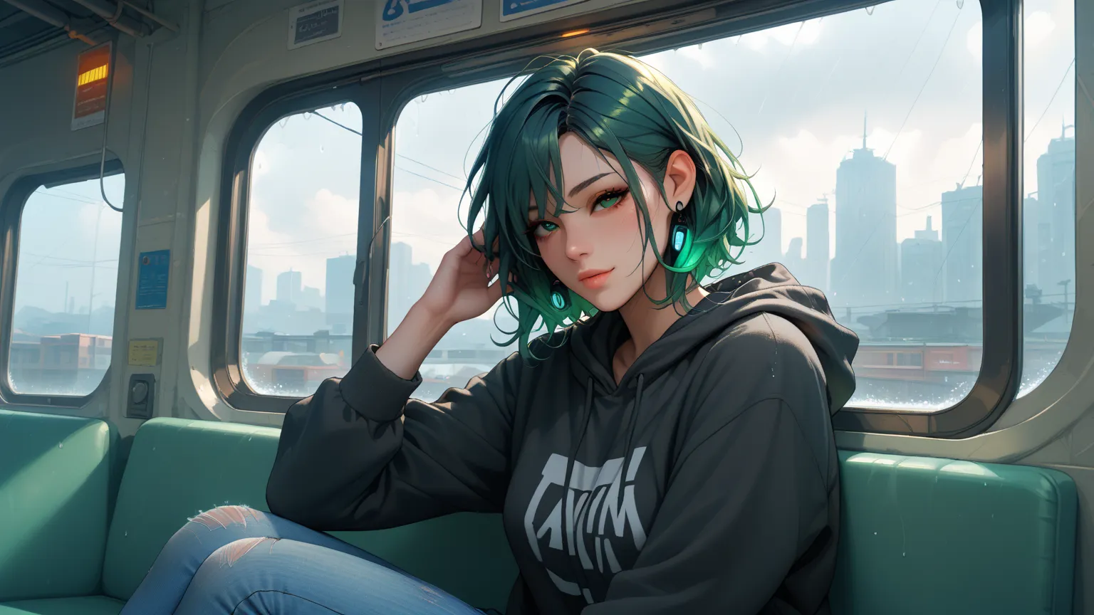 "A serene woman sitting by the window of a modern high-speed train, wearing simple jeans and a neutral-tone hoodie. Her ombre green hair reflects the soft natural light of an overcast day as she enjoys the rolling countryside view with gentle rain on the g...