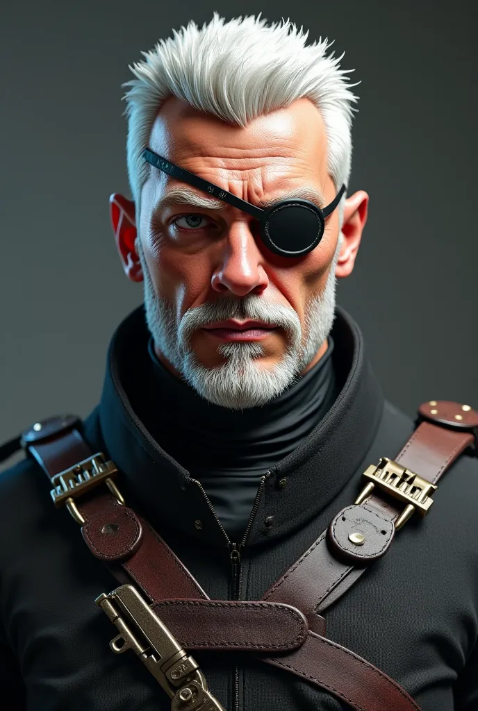 I have to make a leader of a hidden military faction, the man must be , Today's ,  impressive, with an eye patch and white hairstyle and beard, I would like it to be seen up to the torso and for the photo to be realistic