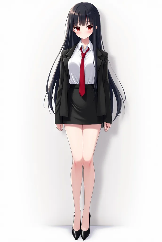 Draw a girl 19 year old , there is black hair , long hair, Hime cut hair style, long eyelashes , red eyes , red lip, white skin, sexy, wear white shirt, black short skirt, black jacket, black high heels, high 170 cm