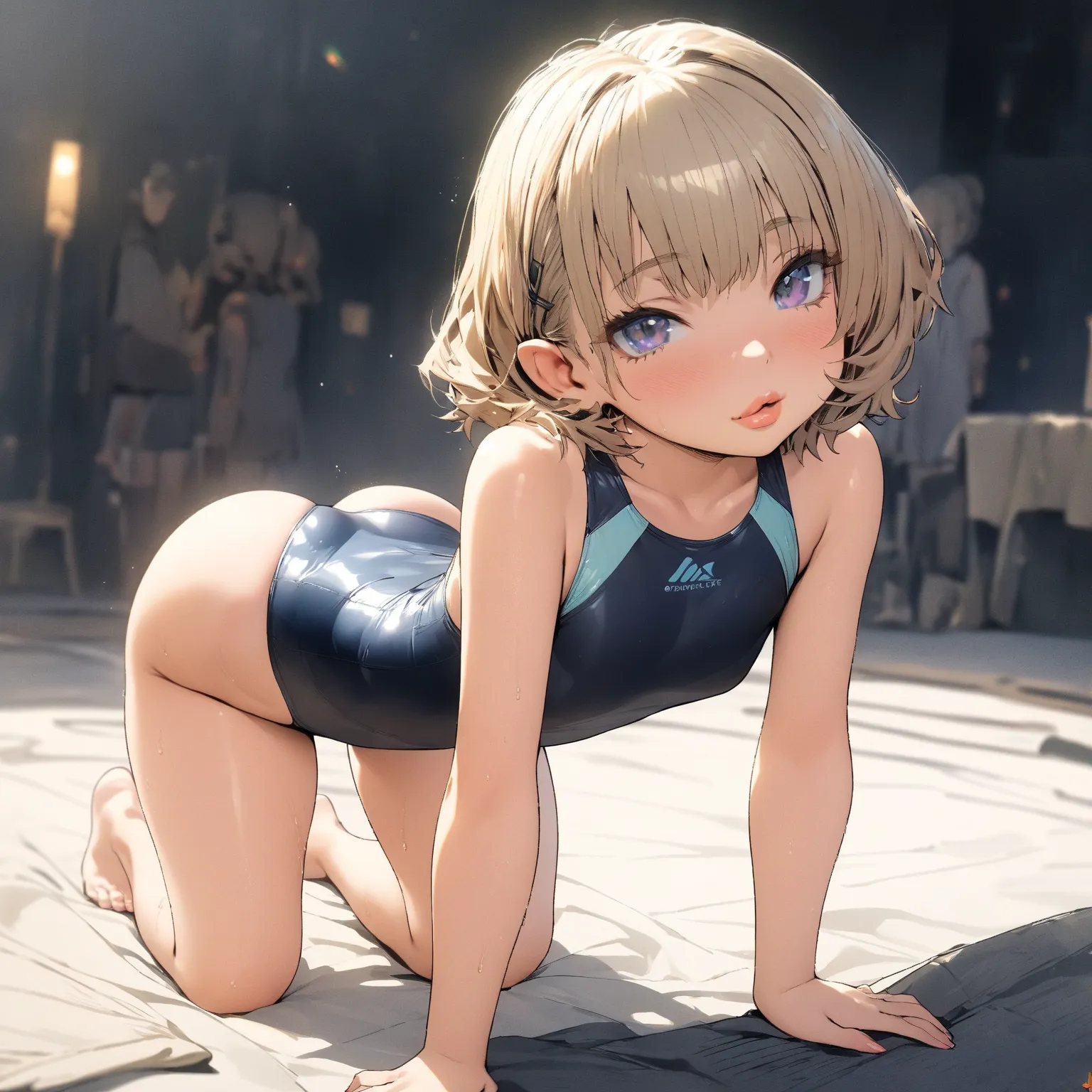 best quality,Ultra High Definition , max resolution,girls,highleg swimsuit,all fours,from behind.11years old,beautiful eyes,Thick lips,extra digit,short hair,barefoot