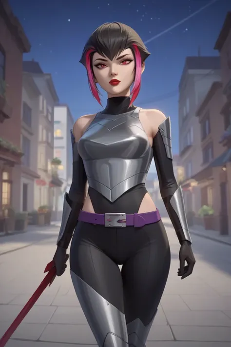 1 girl, high,  thin, curvilinear figure, short black hair, dyed blonde on the back, red lips, red eyes, painted black and red marks on the eyebrows, light armor on the chest, shoulders, forearms, thighs and calves, with a purple belt, walking around the te...