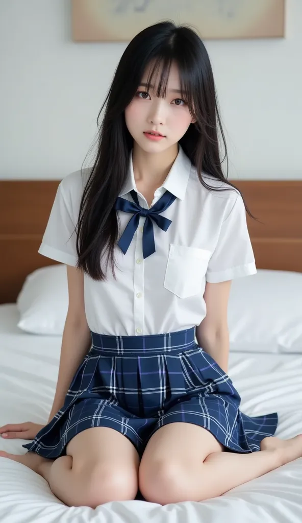 alone、natural body shape、   white skin、  Natural Cosmetics  、    black hair、bangs、  long straight hair、、(expensive  、bare feet、  white blouse 、  blue plaid pleated skirt covering white pants)、、(  opens her legs:1.3)、(( is in uniform on her upper body))、(((...