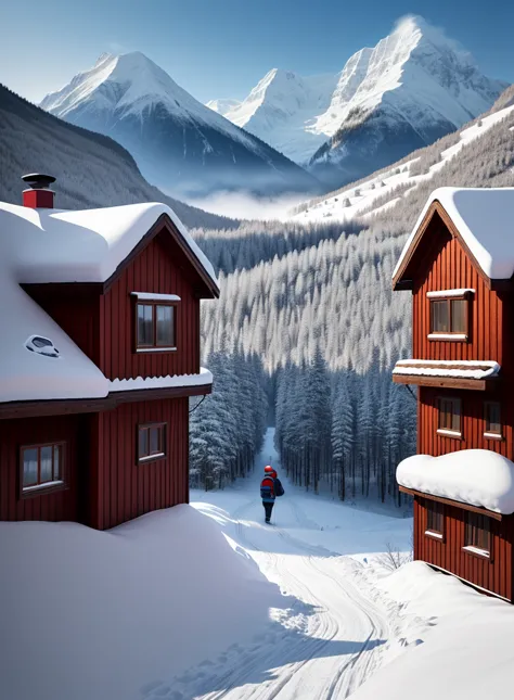 In a snow mountain village，A small house nestled between distant mountains and mountains。White snowflakes dance lightly，Falling gently among the trees，It adds a soft and hazy feeling to the whole picture。The cyan house and red windows stand out against the...