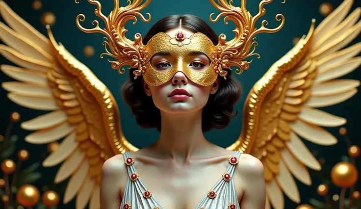 "An angelic figure with a golden mask (#D4AF37) featuring alchemical symbols, surrounded by Klimt-style gilded flora. Wings: Fractal feathers blending into Art Nouveau vines. Attire: Translucent silver gown (#C0C0C0) with embedded rubies (#E0115F). Backgro...