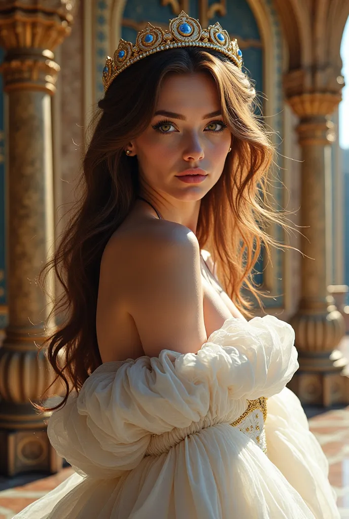 Very beautiful sexy woman with hazel hair color hazel eyes went a queen is wearing a white queen dress she is in a big luxury castle 