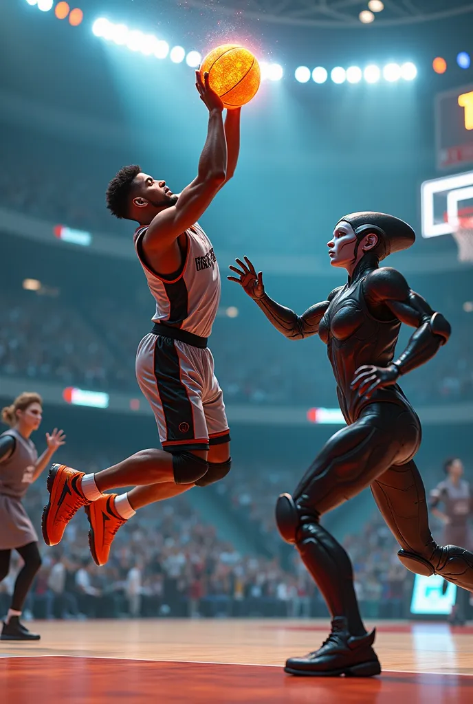 A futuristic basketball court illuminated by intense lights, surrounded by stands full of human and alien spectators. in the air, Viktor Steel, a warrior wearing high-tech sports uniform, jumps with an expression of determination, holding a glowing ball as...