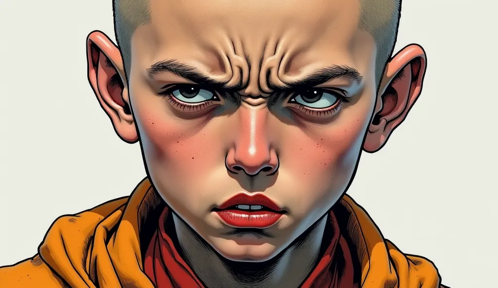 A close-up of the young bald monk’s troubled face – His expression is a mixture of concern and frustration, brows furrowed, lips pressed into a thin line, colour book style,black and white,clear outline,masterpiece,